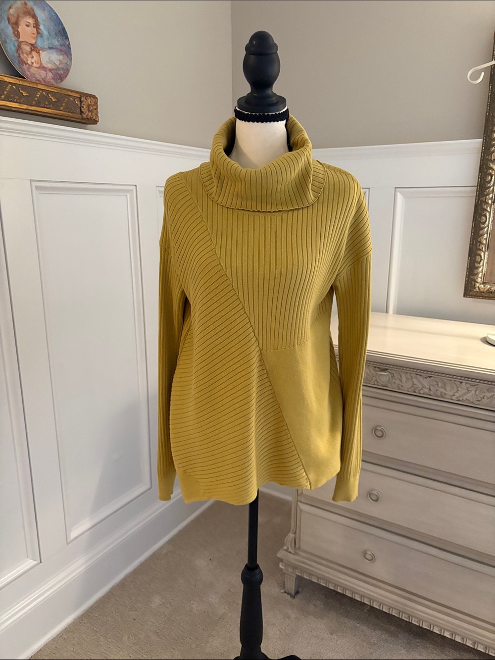 CAbi Mustard Ribbed Cowl-Neck Sweater